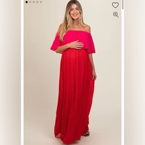 Red Pleated Off Shoulder Colorblock Maternity Maxi Dress M